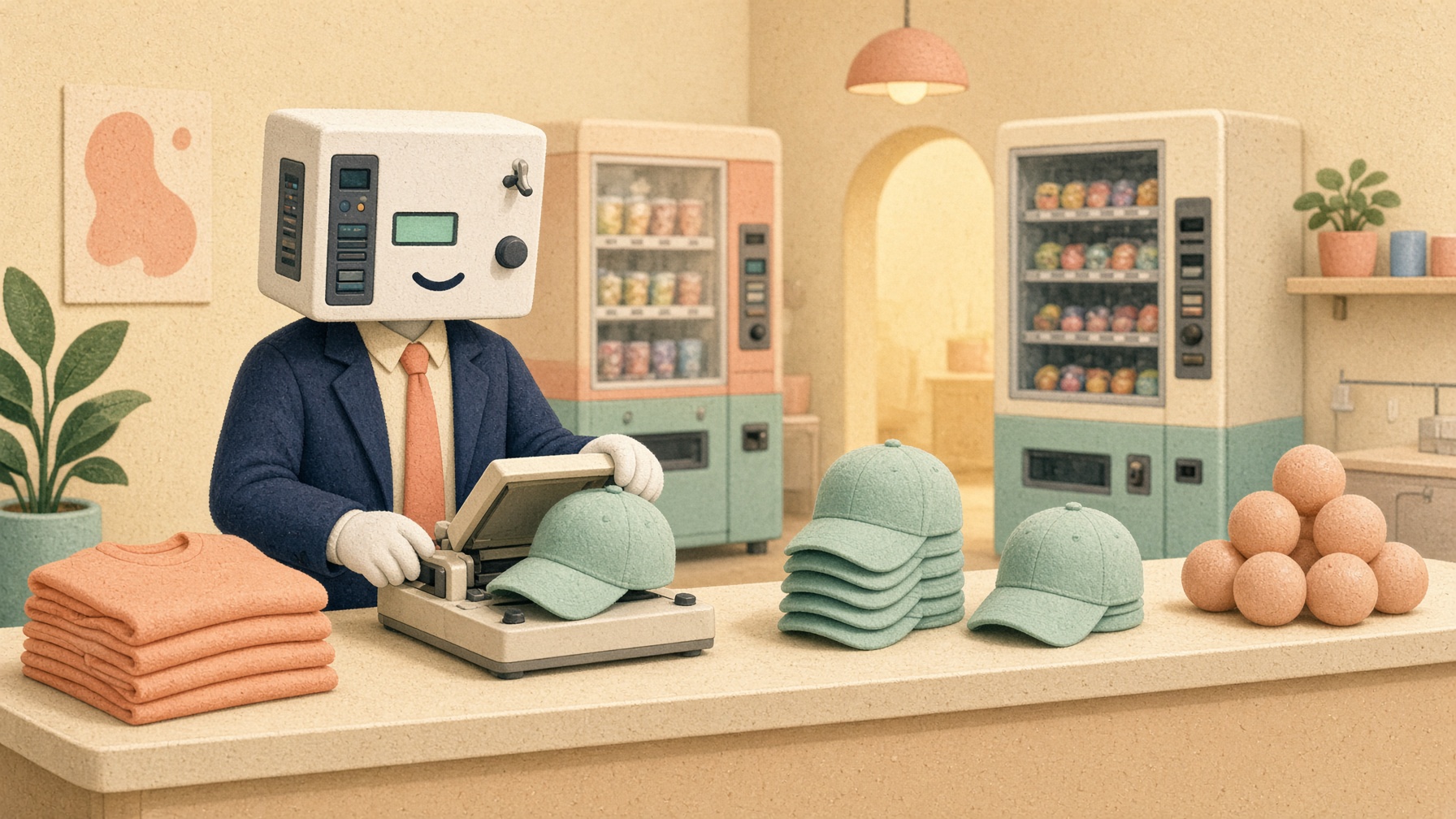 Clothius behind a pastel counter, printing a hat, with shirts and stress balls stacked beside.
