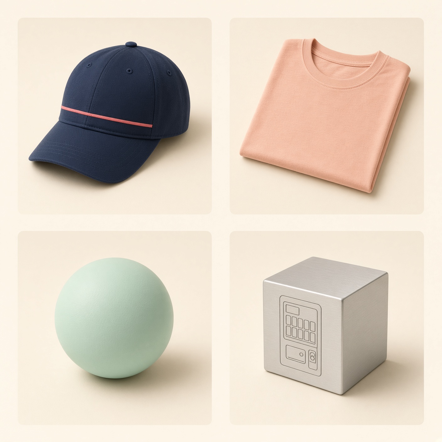 A cap, a folded shirt, a stress ball, and a small metal cube.